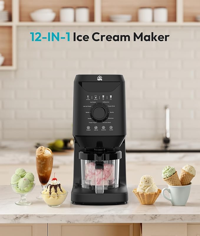 Homemade Ice Cream Maker Machine - 12-in-1 Ice Cream Maker with 2 Pint Containers & Lids, Gelato, Sorbet and Frozen Yogurt Maker, Self-Cleaning, Family Size, Black,Pre-freeze for 24 Hours