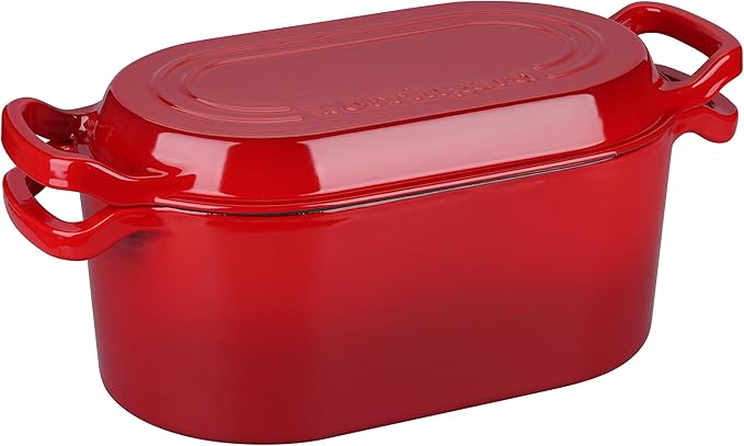 VORRINGARD Oval Dutch Oven Pot with Lid, Enamel Coating Cast Iron Bread Pans for Homemade Sourdough Bread Baking, Cooking, 4 Quart, Red