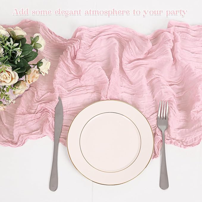 10 Pack Light Pink Cheesecloth Table Runner 10FT Boho Gauze Fabric Table Runner Vintage Rustic Sheer Runners for Wedding Party Bridal Baby Shower Long Table Decorations