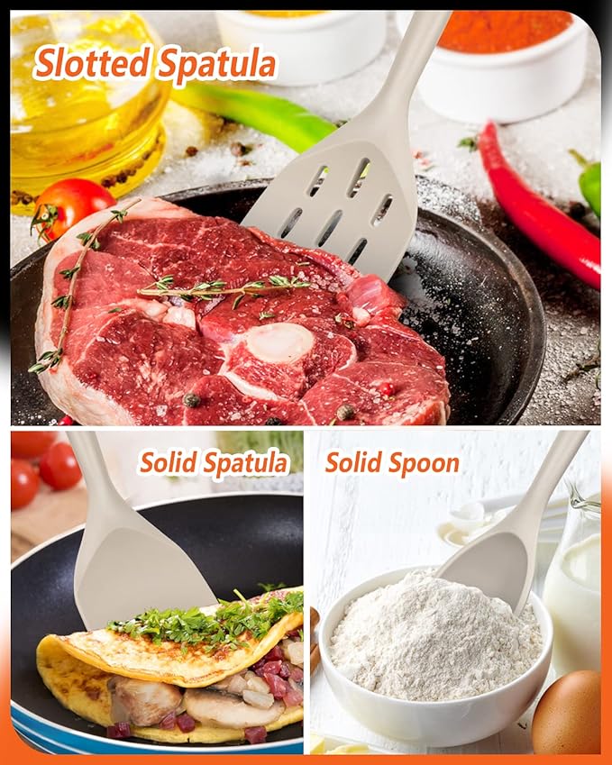 Pack of 3 Silicone Spatula, Non Stick Cooking Utensil Set Wooden Handle Kitchen Turner for Baking Mixing Grilling Serving Food Heat Resistant Non Scratch Hooks Included,Khaki