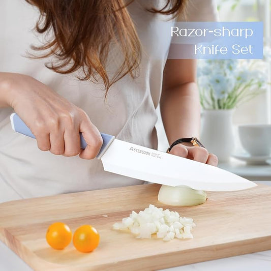 Astercook Kitchen Knife Set with Block and Sharpener 15 Piece Ceramic Coating German High Carbon Stainless Steel Knives Sharp Blade Dishwasher Safe Deba Knives with Ergonomic Handle, Delicate Blue