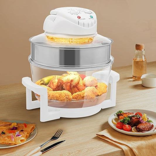 18 Quart Glass Air Fryer, 1400W Convection Countertop Toaster Oven with Adjustable 32℉-482℉ Temp & 0-60Min Timer, Bake, Grill, Steam Broil, & Roast - Includes Glass Bowl, Broil Rack, & Toasting Rack