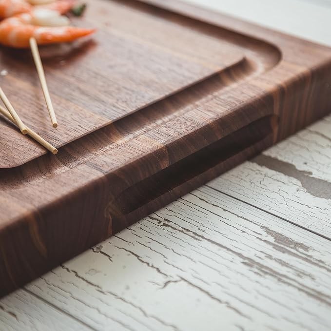 John Boos BBQ Series Rectangular Wooden Walnut Cutting Board 18”x12” – 1.5” Thick, 7-lb Reversible Butcher Block with Juice Groove, Edge-Grain & Finger Grips– Made in the USA