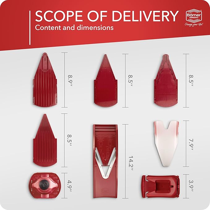 Mandoline Food Slicer Börner V1 (Profi Set) by Reston Lloyd • V-Slicer with 4 Inserts, Docking Station & Food Holder • Made in Germany • Fruit & Vegetable Chopper • Multiple Settings • Color: Red