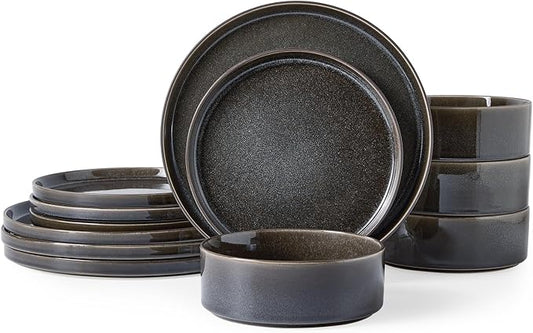 Stoneware Dinnerware Sets, Plates and Bowls Set for 4, 12-Piece Modern Stoneware Dinnerware – Chip Resistant, Non-Toxic, Dishwasher and Microwave Safe Tableware，Glossy Black