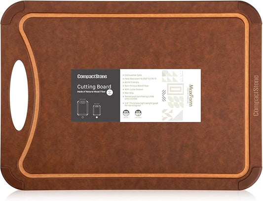 CompactStone Cutting Board with Non-Slip Feet and Juice Groove for Kitchen, Wood Fiber Composite, 14.6-Inch by 10.8-Inch, Brown