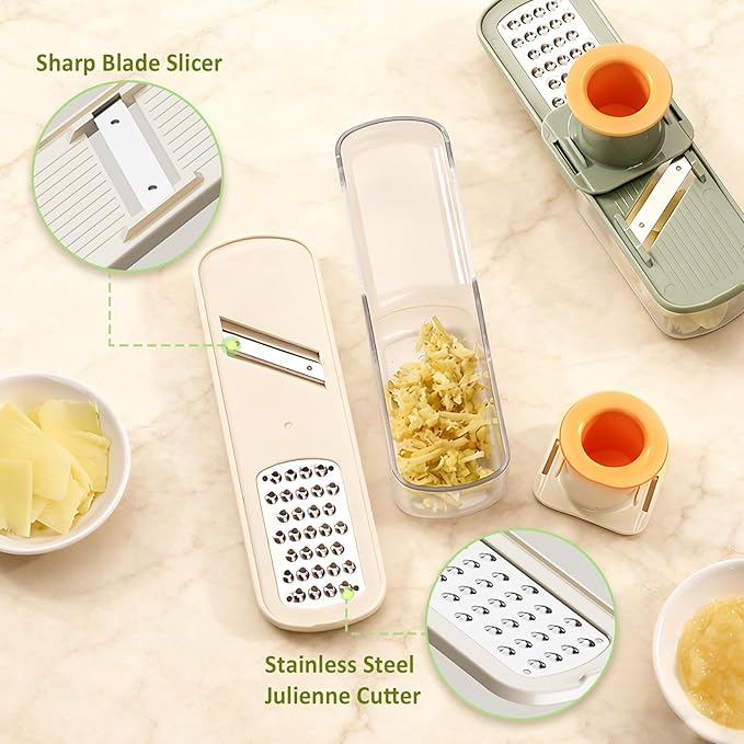 Mini Multifunctional Garlic Grinder, 3-in-1 Garlic Slicer Veggie Shredder with Container, Durable Stainless Steel Blades, Easy to Use and Clean for Kitchen (White & Green)