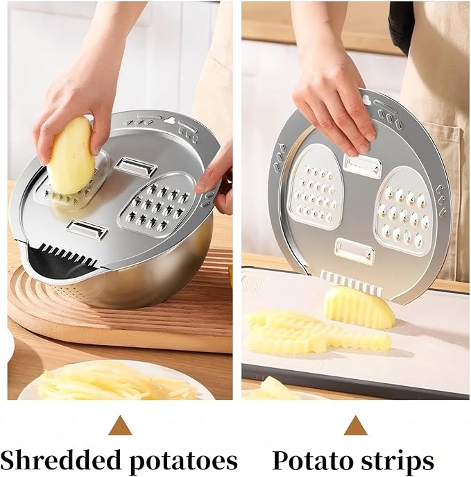 2-Piece 304 Stainless Steel Rice Washer Strainer Bowl with Grater Lid – Multifunctional Fruit Washing Basin and Rice Rinser Set, Heavy-Duty Kitchen Colander