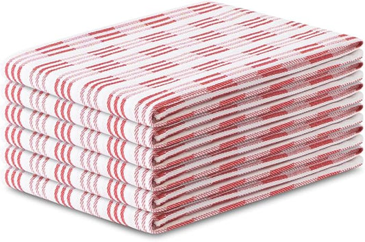 Kitchen Towel Set of 6-100% Cotton Quick-Drying & Absorbent Dish Cloths - 18x28 Inch Farmhouse Tea Towels with Maroon Stripes, Twill Weave