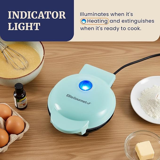 Elite Gourmet EWM015M# Electric Nonstick 4.5-inch Mini Waffle Maker, Belgian Waffles, Compact Design, Hash Browns, Keto, Snacks, Sandwich, Eggs, Easy to Clean, Mint