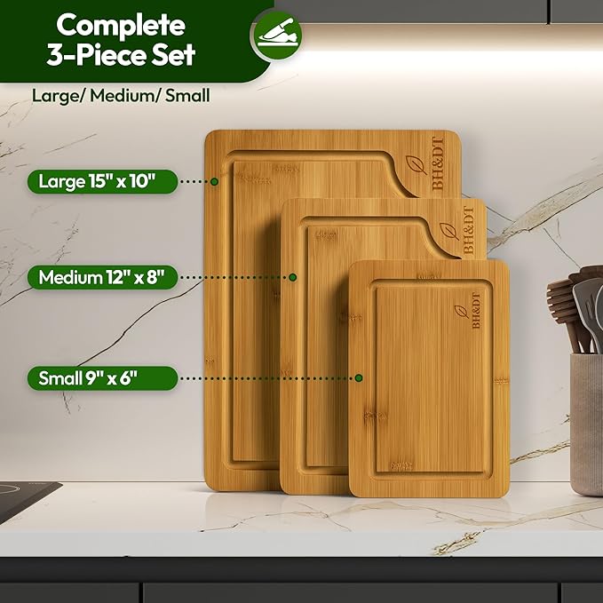 BH&DT bamboo cutting board set of 3,bamboo cutting boards for kitchen with juice groove, meat board cutting board with handle, chopping gift set,professional kitchen board,