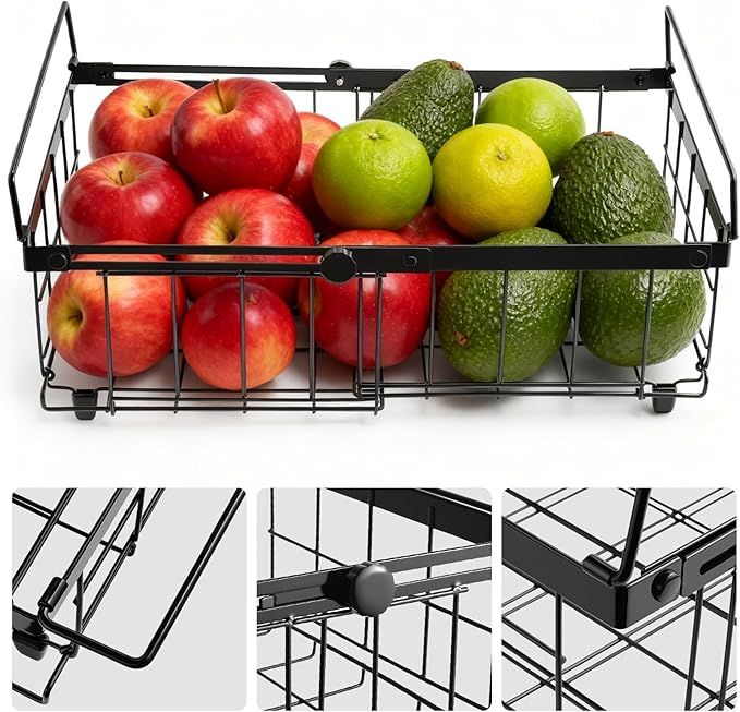 Tanice 2 Pack Freezer Organizer Bins, Expandable Stackable Chest Freezer Organizer with Foldable Handle, Thickened Metal Freezer Baskets for Deep Freezer, Kitchen Pantry - Black