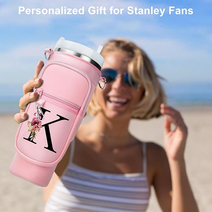 LOKASS Personalized Water Bottle Holder with Strap for Stanley Cup Accessories 40 oz Tumbler, Initial Water Bottle Carrier Bag/Phone Pocket, Mother's Day/Birthday Gifts for Women/Girls