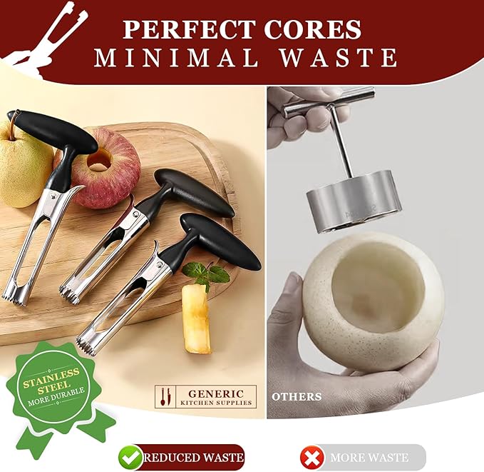 Stainless Steel Apple Corer Tool - Easy Push Design for Quick Coring, Non-Slip Handle - Fruit & Vegetable Seed Remover, Dishwasher Safe (Black)