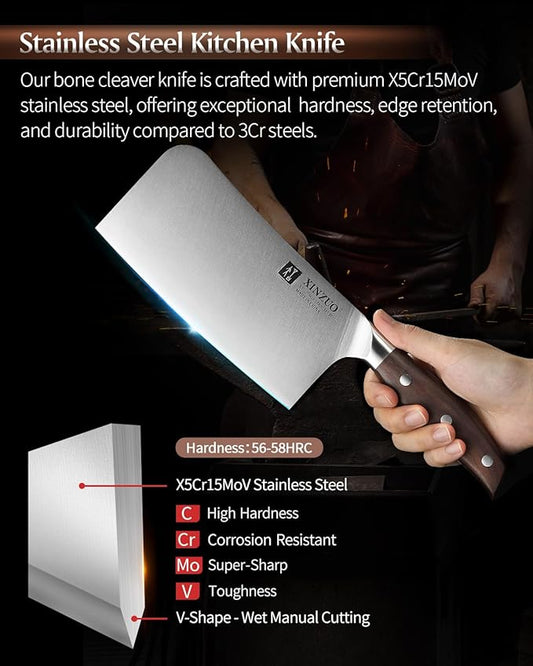 XINZUO 7 Inches Bone Cleaver Knife,Heavy Duty Bone Chopper, Butcher Cutting Knife for Professional Chefs and Home Cooking,Ultra Sharp, Red Sandalwood Handle