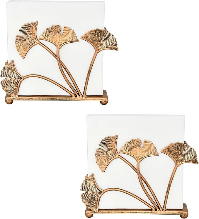 OwlGift Set of 2 Modern Ginkgo Leaves Design Napkin Holder for Tables, Metal Paper Napkin Storage for Kitchen, Stylish Paper Towel Dispenser, Mail Letter Sorter Rack, Document File Organizer – Bronze