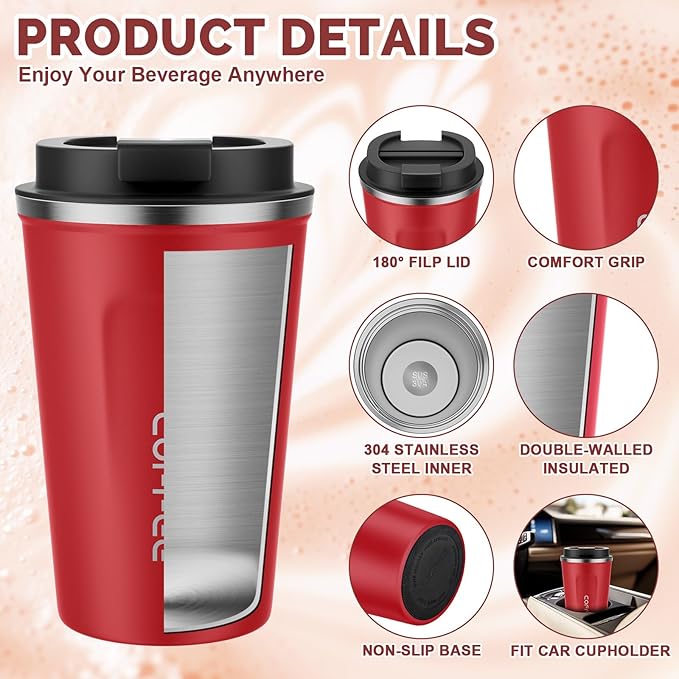 MOMSIV 12oz Travel Mug, Insulated Coffee Cup with Leakproof Lid, Vacuum Stainless Steel Double Walled Reusable Tumbler for Hot and Cold Water Coffee and Tea In Travel and Car(Red-380ml)