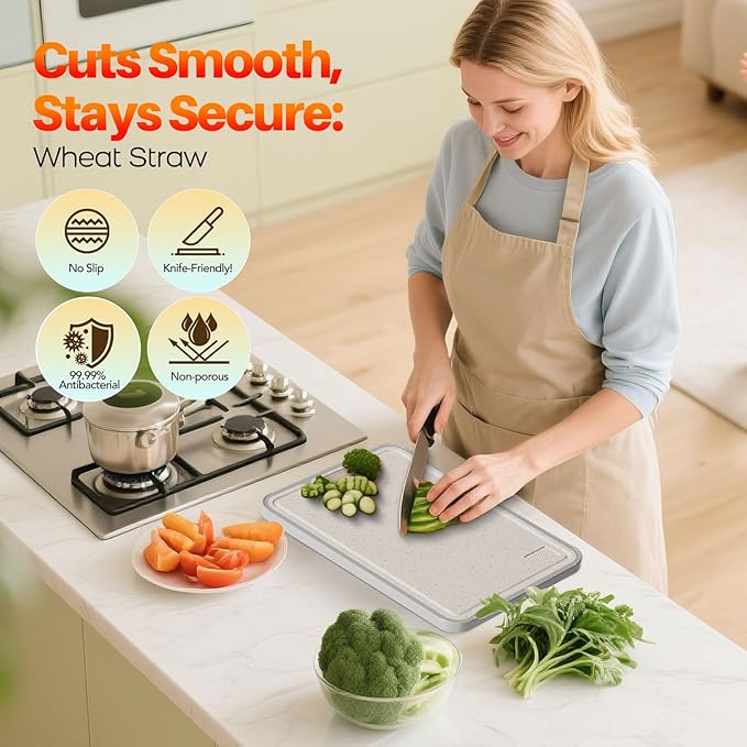 Titanium Cutting Board for kitchen, Dual Sided Food Grade Titanium & Wheat Straw PP, Non Slip Scratch Resistant Easy Clean, 15.5" x 10.5"