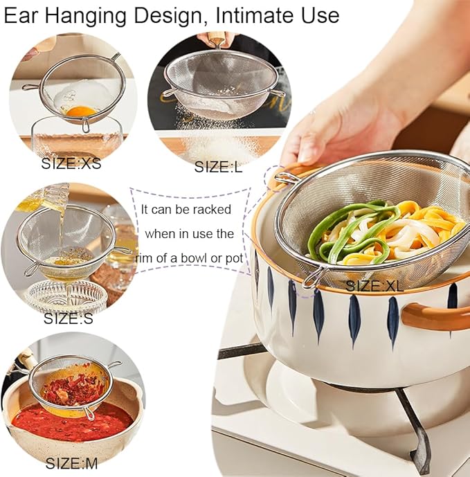Strainer with Single Fine Mesh, 7-Inch Diameter, Large, Stainless Steel, Tan,Silver