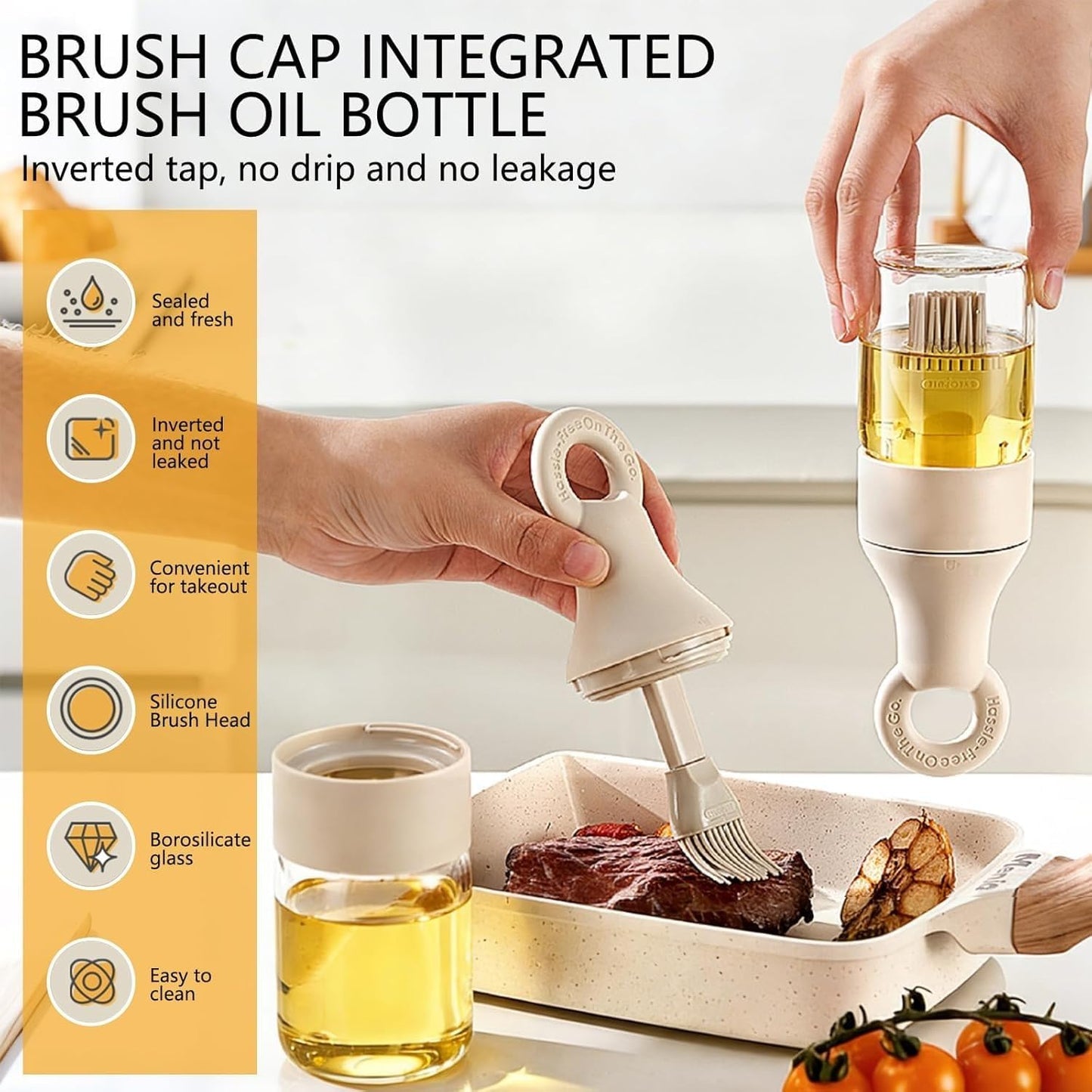 Oil Dispenser Bottle with Silicone Basting Brush, 5.07oz (150ml) Borosilicate Glass Oil Jar with Portable Ring Handle, Integrated Heat-Resistant Non-Drip Brush Cap for Kitchen, BBQ, Baking (White)