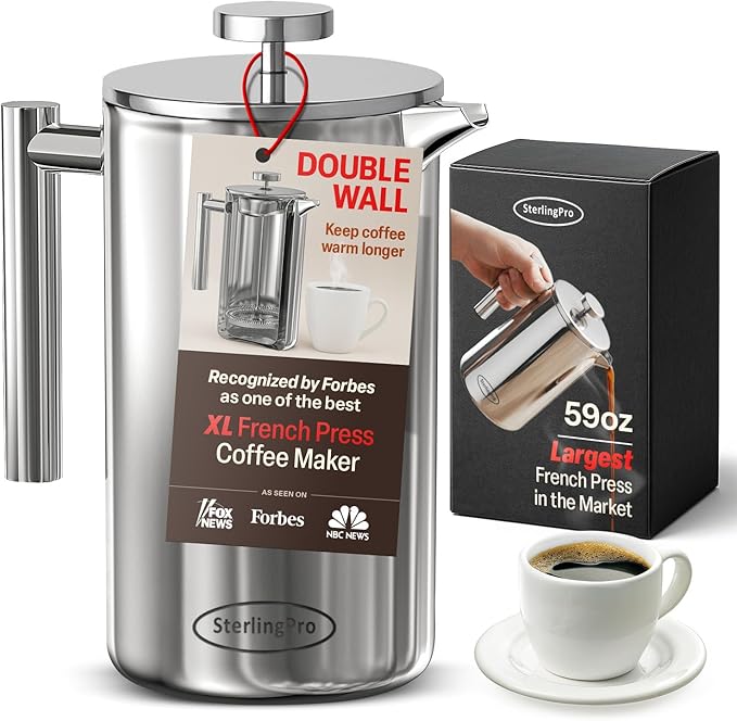 Extra Large Insulated Metal French Press Coffee Maker 59 oz (1.75L), Large Capacity Stainless Steel Big French Press XL, Durable Insulated Mirror Coffee Maker with Double Walled Insulation, Mirror