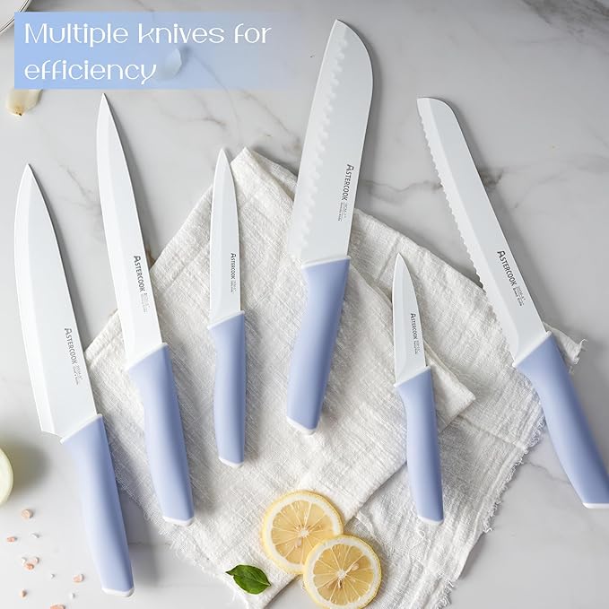 Astercook Kitchen Knife Set with Block and Sharpener 15 Piece Ceramic Coating German High Carbon Stainless Steel Knives Sharp Blade Dishwasher Safe Deba Knives with Ergonomic Handle, Delicate Blue