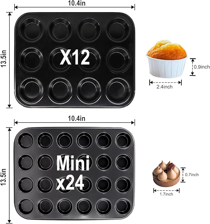MARIWEI 2 Pack Premium Bakeware 24-Cup, Mini Muffin Pan, Dishwasher Oven Safe (Black, Steel)