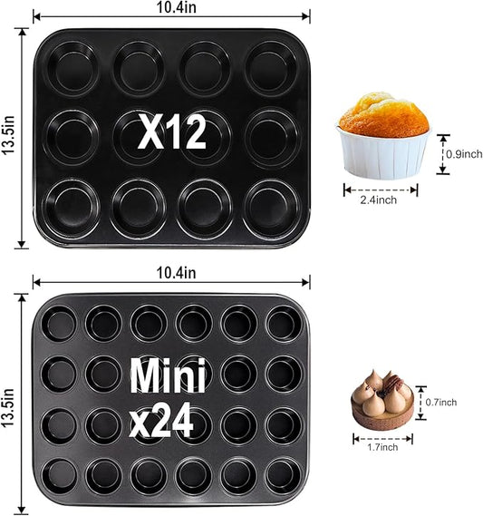 MARIWEI 2 Pack Premium Bakeware 24-Cup, Mini Muffin Pan, Dishwasher Oven Safe (Black, Steel)