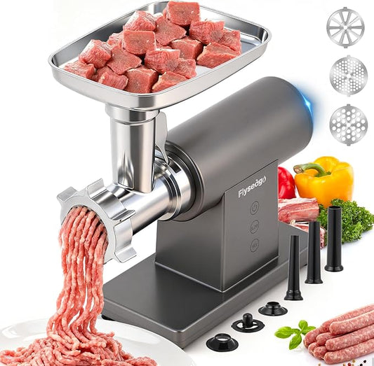 Flyseago Meat Grinder Electric 3200W Heavy Duty Meat Mincer Chopper Machine Touch Control Multifunctional with Cutting Blade 3 Grinding Plates 3 Sausage Stuffers Kubbe Kit for Household&Commercial