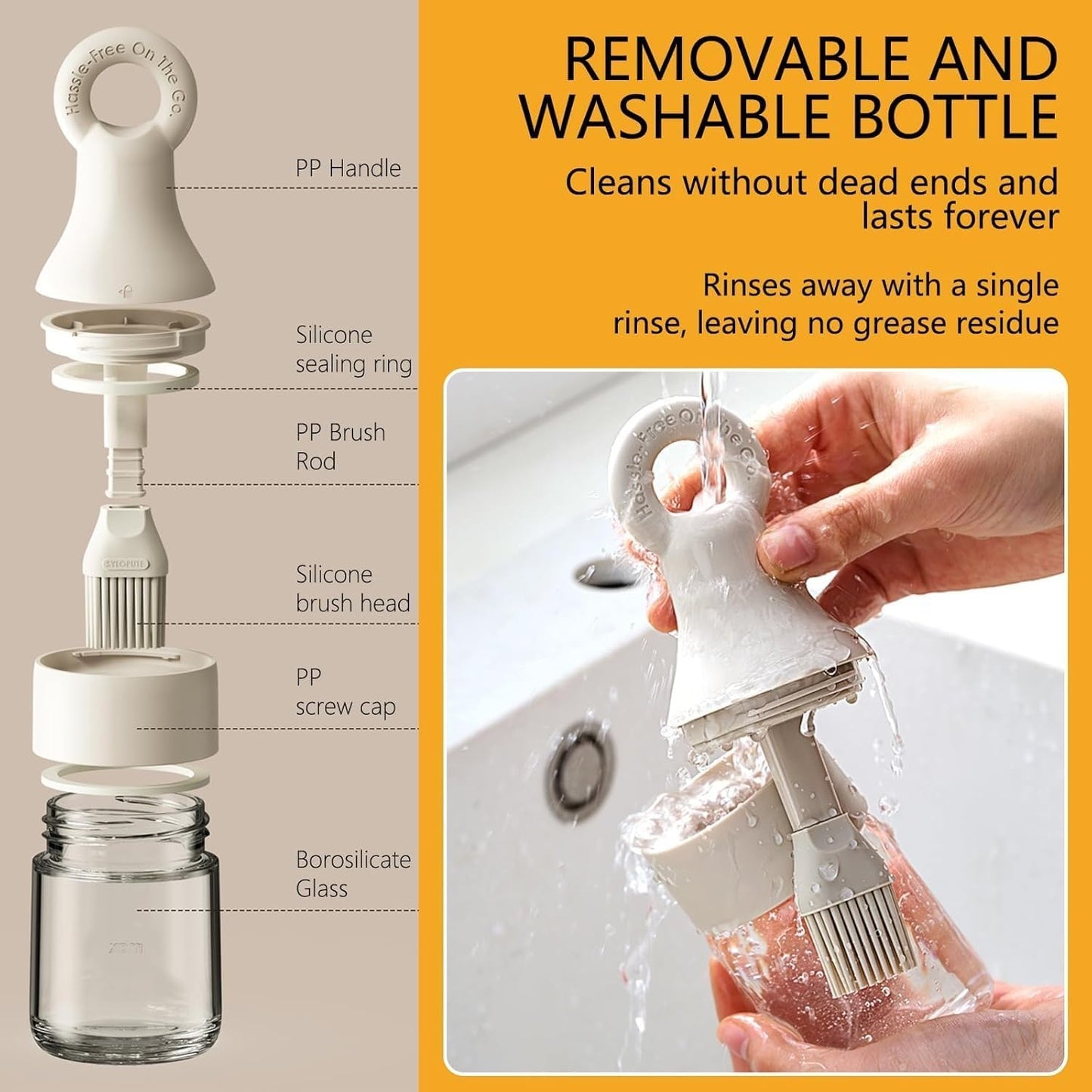 Oil Dispenser Bottle with Silicone Basting Brush, 5.07oz (150ml) Borosilicate Glass Oil Jar with Portable Ring Handle, Integrated Heat-Resistant Non-Drip Brush Cap for Kitchen, BBQ, Baking (White)
