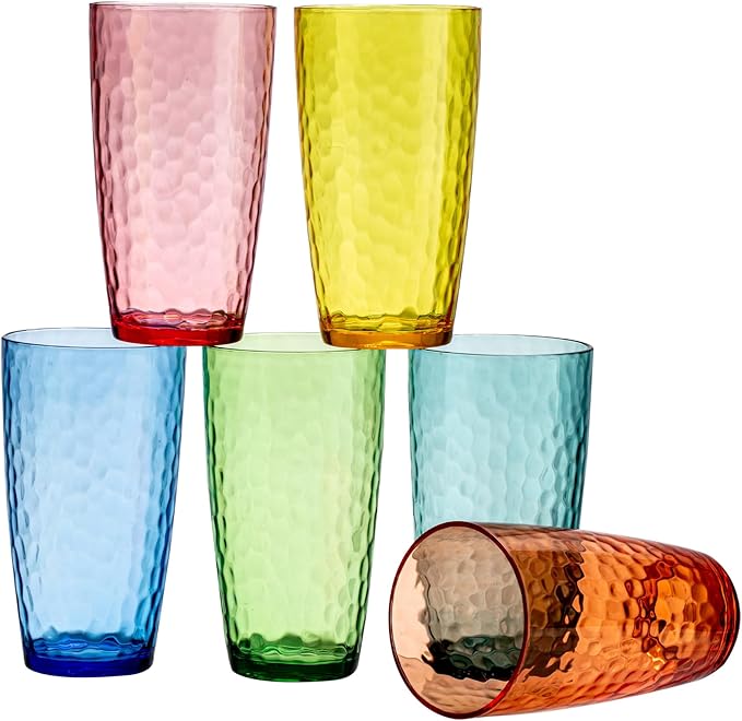 Hammered Acrylic Drinking Glasses, 20 oz, Set of 6, Rainbow Colors
