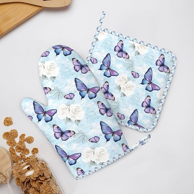 Oven Mitts and Pot Holders Blue Pastel Butterfly Flower Rose Silicone Kitchen Accessories Set of 4 Heat Resistant Long Gloves Potholder Non-Slip Grip for Chef Cooking Baking Grilling BBQ