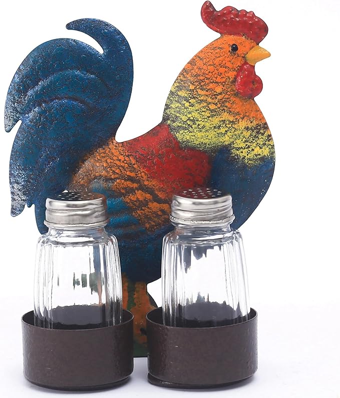 Rooster Salt and Pepper Shakers Set - Two Glass Shakers With Lids, Vintage Metal Rooster Holder Caddy For Spices And Seasonings, For Kitchen, Dining Or Table Decor (rooster)