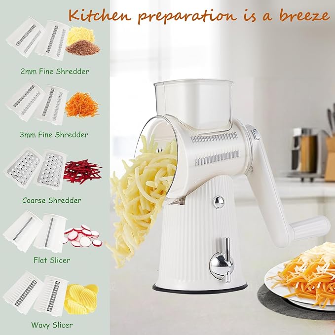 5-in-1 Rotary Cheese Grater Vegetable Slicer, 5 Interchangeable Blades Food Shredder with Anti-Slip Reinforced Suction Base, Kitchen Mandoline Chopper with Blade Storage Box (White)