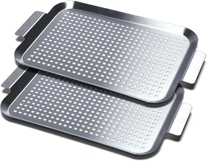 COOK TIME Grill Pan Set of 2, BBQ Grill Topper for Outdoor Grill, Stainless Steel Grilling Baskets with Holes and Handles, Perforated Food Tray Barbecue Accessories for Vegetable, Fish, Small x 2