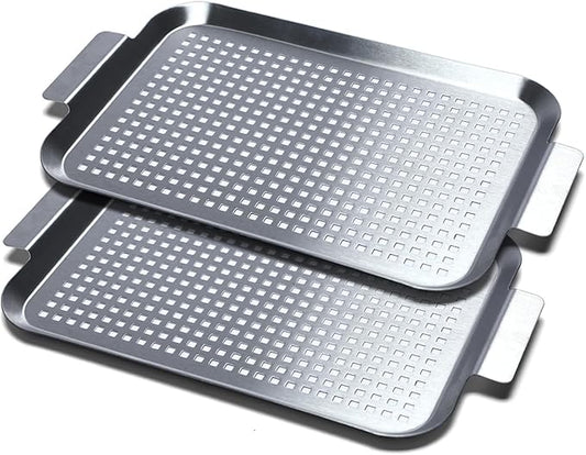 COOK TIME Grill Pan Set of 2, BBQ Grill Topper for Outdoor Grill, Stainless Steel Grilling Baskets with Holes and Handles, Perforated Food Tray Barbecue Accessories for Vegetable, Fish, Small x 2