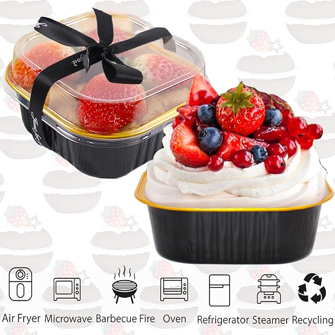 BZIDII 5oz Mini Cake Pans With Lids 50 Pack Aluminum Foil Square Brownie Baking Cups,Disposable Loaf Pans With Lids and Spoons Ribbon,Cupcake Pans Muffin Cake Tins Cake Container(Black)