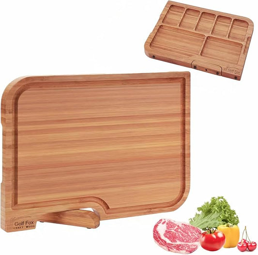 XL Bamboo Cutting Board with Innovative Stand - Durable Double Sided Chopping Board with Juice Groove & Handle for Meal Prep, Meat, Fruit, Charcuterie Serving, Eco-Friendly Healthy Kitchen Gift