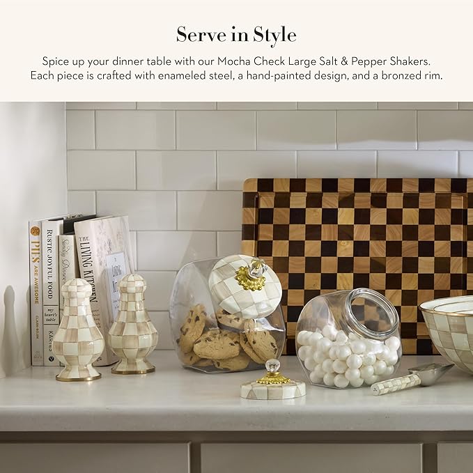 MACKENZIE-CHILDS Enamel Salt and Pepper Shakers, Kitchen Table Spice Shaker Set, Brown-and-White Mocha Check, Large