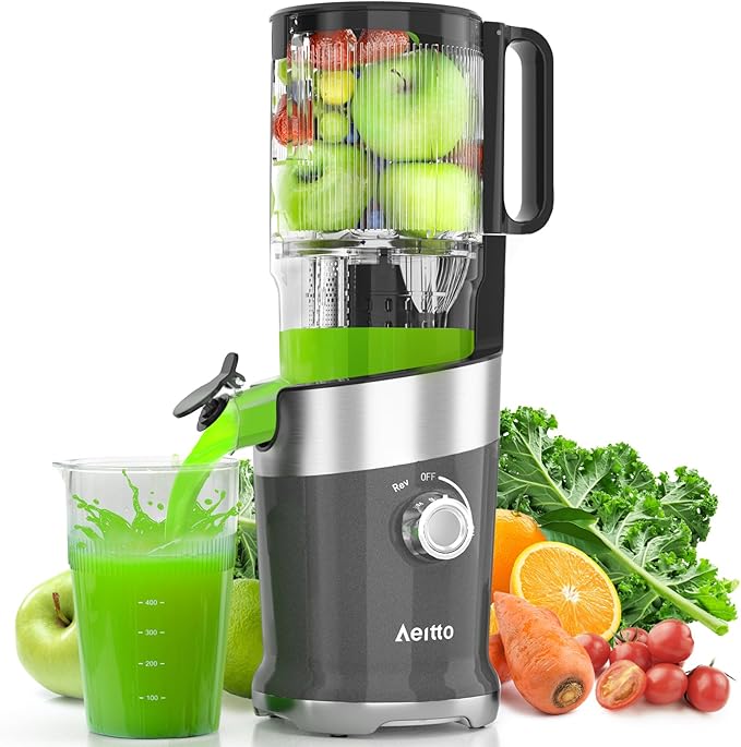 Juicer Machines For Whole Fruits, Aeitto Cold Press Juicer with Large Feed Chute, Self Feeding Slow Masticating Juicers, Easy to Assemble, Easy to Clean & Use, High Juice Yield