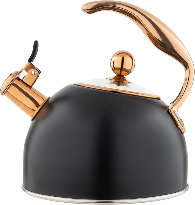 Viking 3-Ply Stainless Steel Tea Kettle, 2.6 Quart Stovetop Hot Water Pot with Tempered Glass Lid, Ergonomic Handle, Induction Ready, Matte Black and Copper