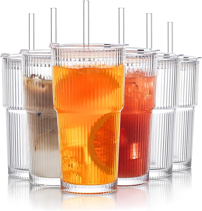 INSETLAN 20 oz Ribbed Glass Tumblers with Lids and Glass Straws – 6-Piece Glassware Set, Thickened Wall, Ideal for Iced Coffee, Smoothies, Cocktails, and Juices – Elegant and Durable Drinkware