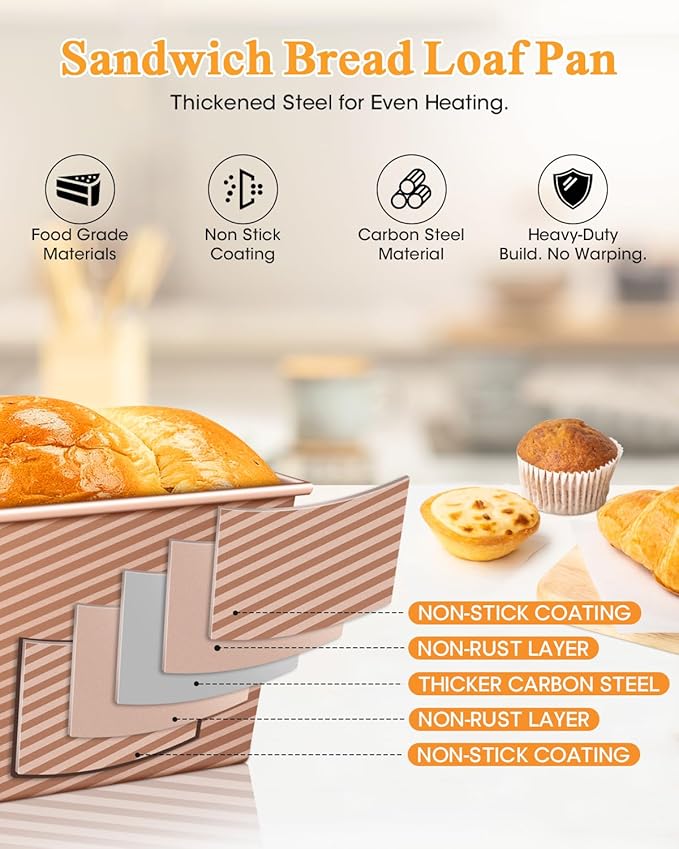 2Pack Pullman Loaf Pan with Lid: 2 LB & 1 LB Dough Capacity Carbon Steel Nonstick Bread Pan for Oven Baking - for Homemade Sourdough and Sandwich Bread - Essential for Home Bakers Family Kitchen