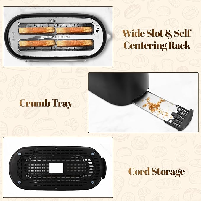 Tesslux 4 Slice Toaster with Touch Screen Control, 1.5" Wide Long Slots, 6 Browning Levels & 6 Bread Types, Digital Timer, Memory, Defrost, Reheat (BLACK)