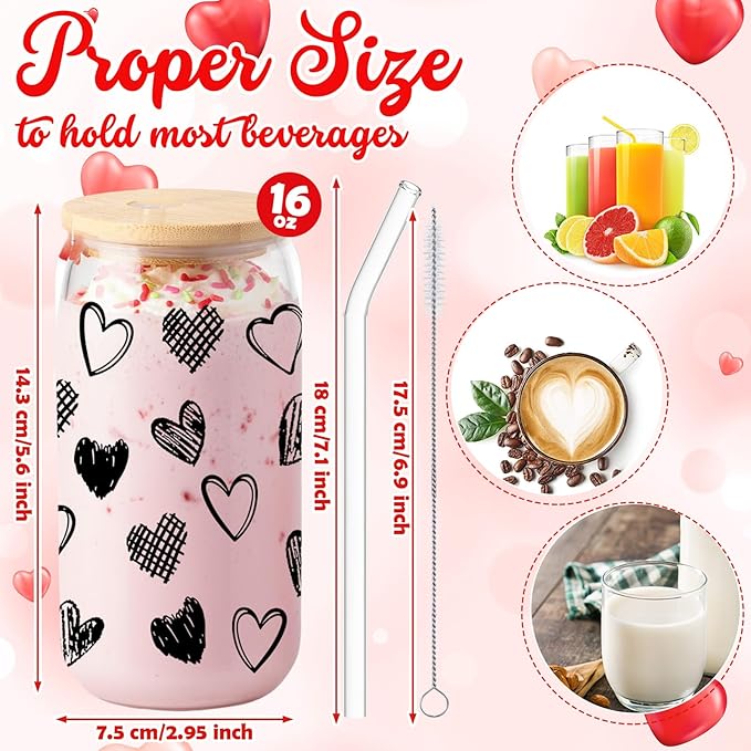Sliner 2 Pcs Heart Glass Cups Valentines Galentines Day Tumbler with Lid Straw 16 oz Iced Coffee Cup Drinking Glasses Cute Beer Can Tumbler Holiday Gifts for Home Office Decorations