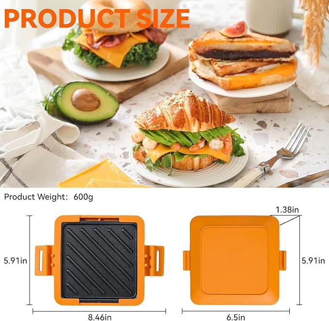 Microwave Toastie Sandwich Maker, Nonstick Plate Panini Maker, Versatile Wireless Small Toaster, Toastie Safe in Microwave Oven, Dishwasher Safe, Fast Cooking for Breakfast, Snacks, Orange