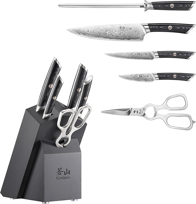 Cangshan KURO Series 6-Piece Knife Block Set, High Carbon X-7 Damascus Steel, 504333