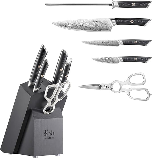 Cangshan KURO Series 6-Piece Knife Block Set, High Carbon X-7 Damascus Steel, 504333