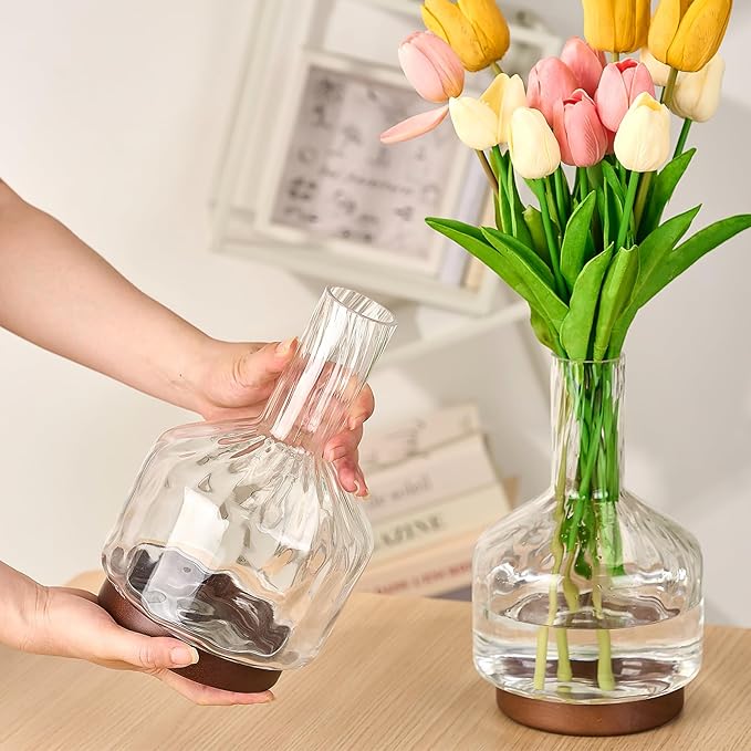 Glass Vase for Flowers, Rippled Flower Vases with Wooden Base,10inch Clear Jug Vase for Long Stem Flower or Fake Bouquet,Decorative Bottle Vase for Centerpieces Dining Table Living Room Mantel Party