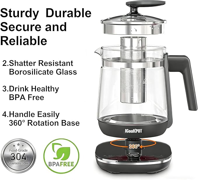1200w Electric Kettle, 1.5L Borosilicate Glass tea kettle, Hot water kettle electric for Coffee or Tea, BPA Free, Auto Shut-Off, Stainless Steel, Fast Boil, Black